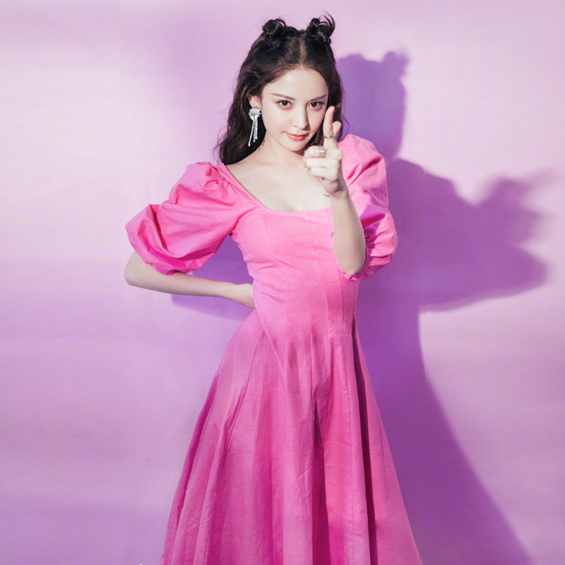 玫红色古力娜扎同款敬酒婚宴生日修身连衣裙2021新款
