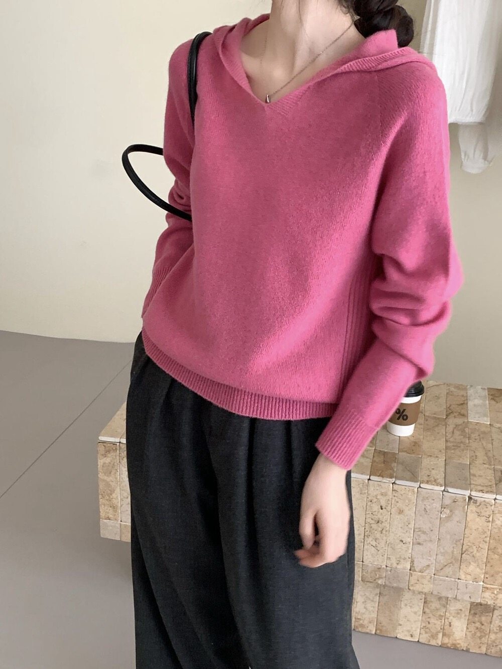 羊毛衫女2025新款小个子短款连帽针织衫纯色宽松打底衫女内搭羊绒