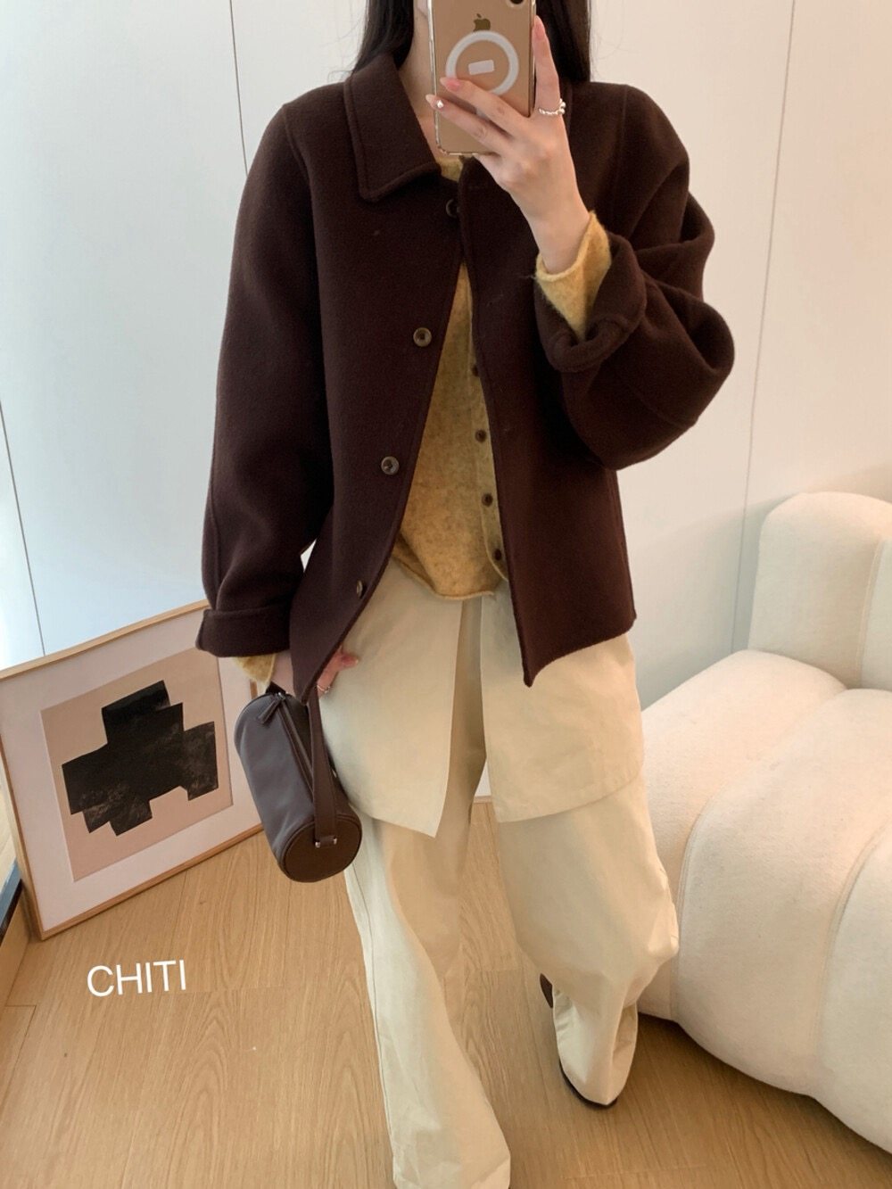 CHITI双面羊绒短外套女2025秋冬韩版翻领小个子羊毛呢子大衣宽松