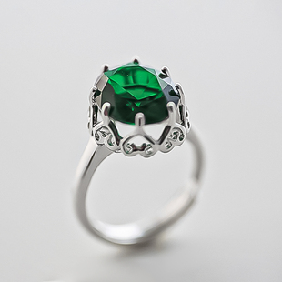 美仑美奂单粒绿水晶925纯银戒指指环活口可调节正品女轻奢镶嵌潮