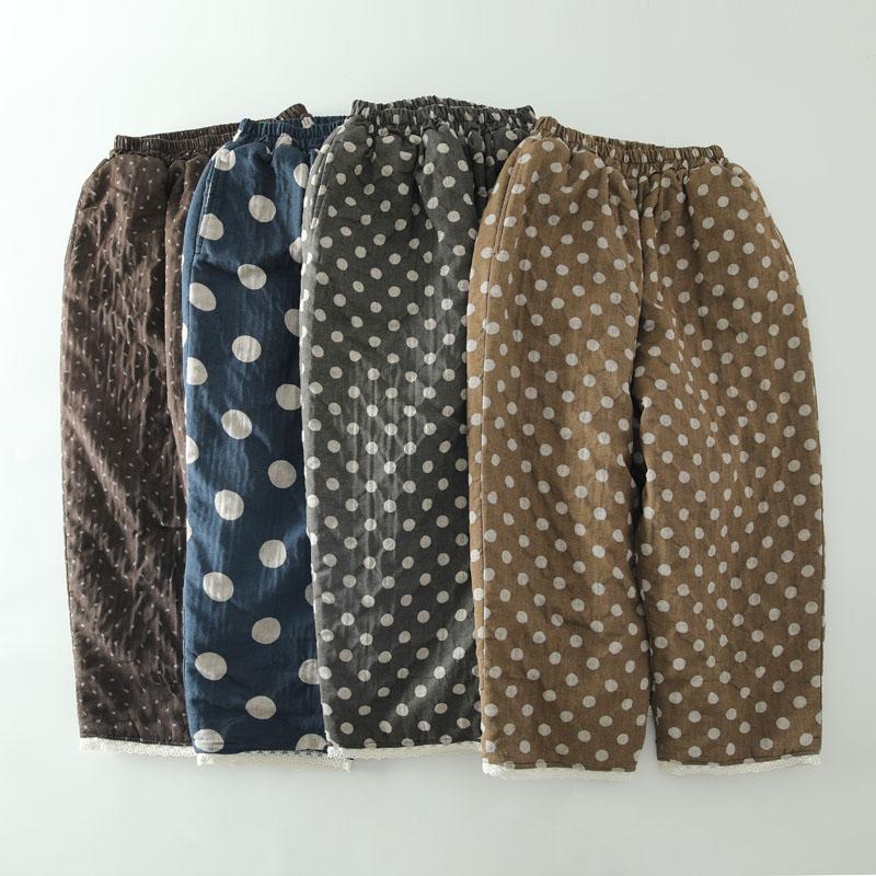 冬新款甜美森系蕾丝花边圆点夹棉加厚保暖棉裤女松紧腰百搭九分裤