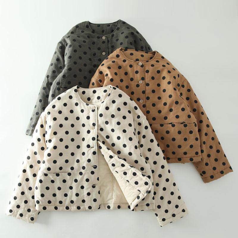 冬新款甜美日系波点亚麻面料夹棉保暖棉服女圆领宽松百搭棉衣外套