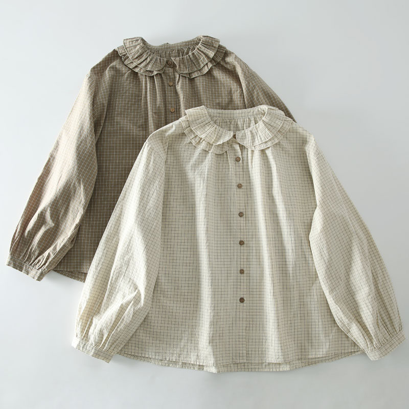 春季新款甜美森系双层花边领格子长袖衬衫女宽松百搭减龄衬衣上衣