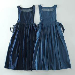 春夏文艺复古抽绳收腰牛仔背心裙森女宽松叠穿显瘦无袖 背带连衣裙