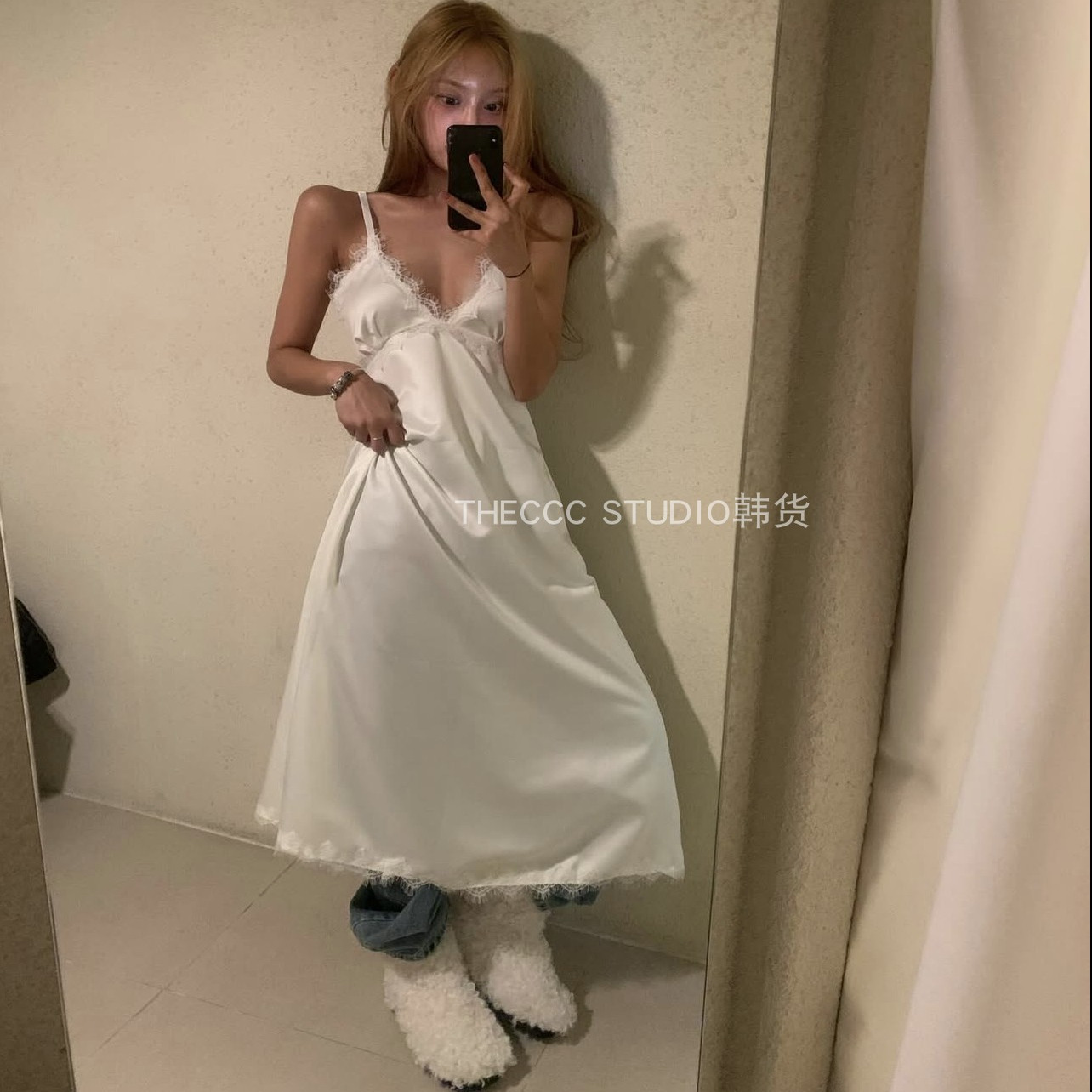 韩货代购25冬 低胸V领蕾丝边A字连衣裙长裙吊带裙