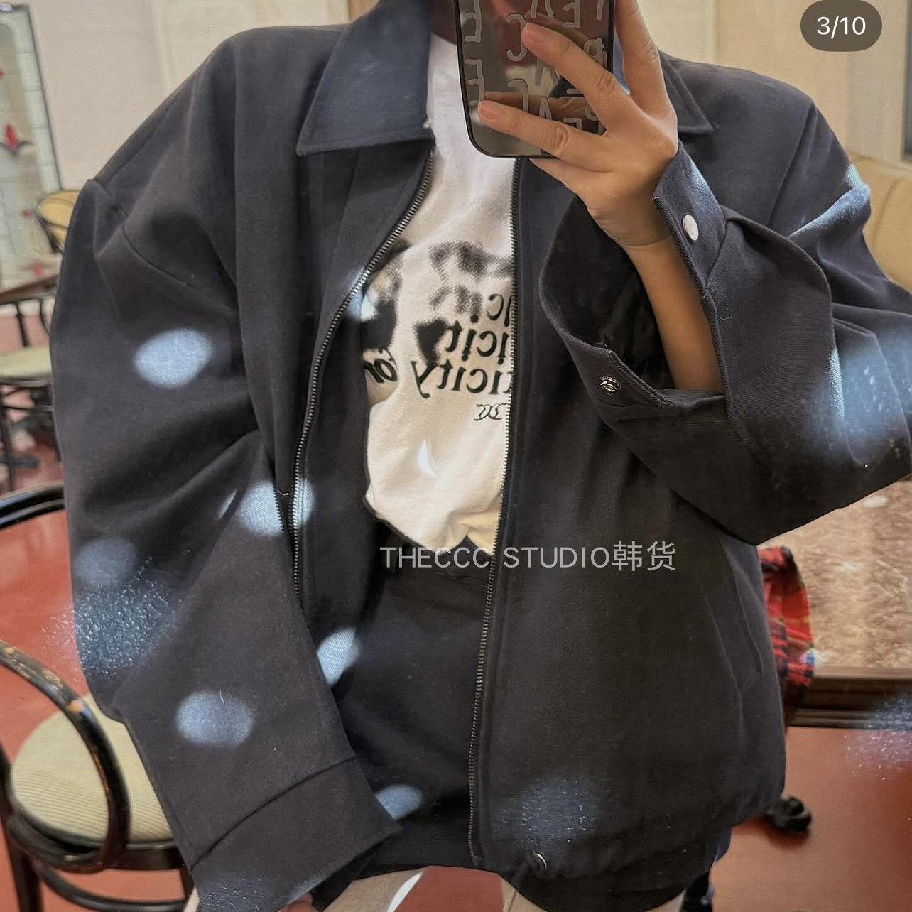 韩货代购25冬 翻领长袖宽松版中性拉链夹克包臀裙裤 时髦简约套装