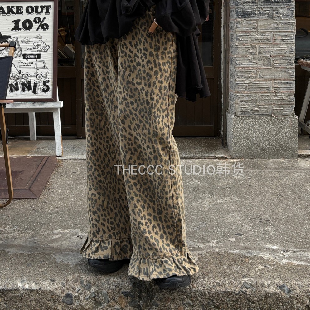 韩货代购26早春 宽松版直筒阔腿裤花边豹纹休闲裤,女装/女士精品,休闲裤,淘宝优惠券,粉丝福利购,淘宝优惠卷