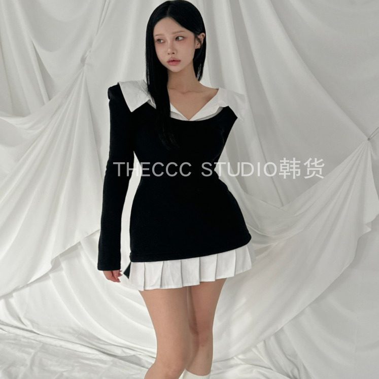韩货代购25冬 拼接假两件翻领长袖紧身包臀百褶连衣裙短裙
