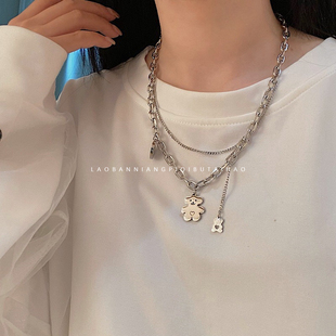 通体钛钢不掉色百搭小熊多层链条卡通趣味毛衣链T恤项链女 9858