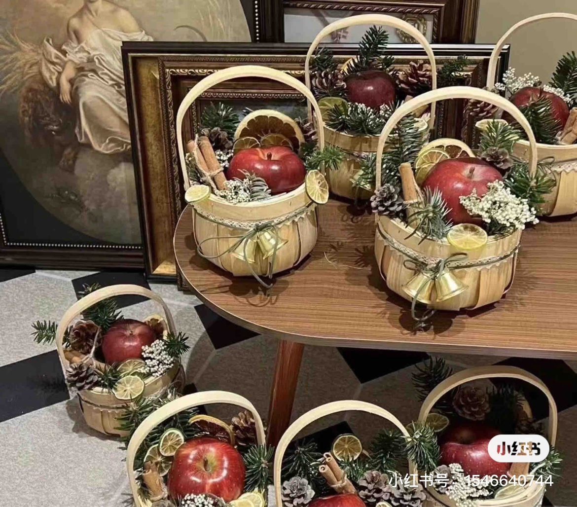 圣诞节水果手提篮子花篮蝴蝶结平安夜雪花送礼包装苹果礼品篮木制