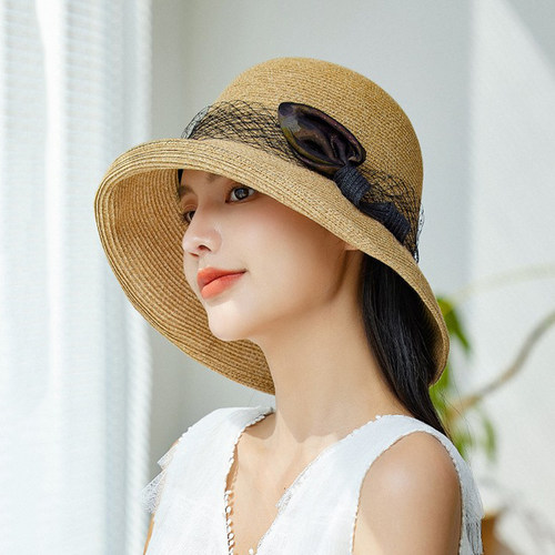 ptah布塔夏季可翻边深度防晒草编蝴蝶结休闲网纱出游女度假太阳帽