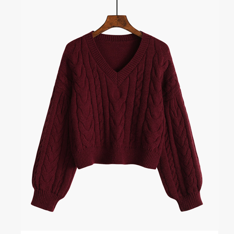 브랜드 통관 복고풍 V 넥 스웨터 가을 겨울 다목적 게으른 스타일 짧은 탑 슬림 여성용 긴팔 스웨터