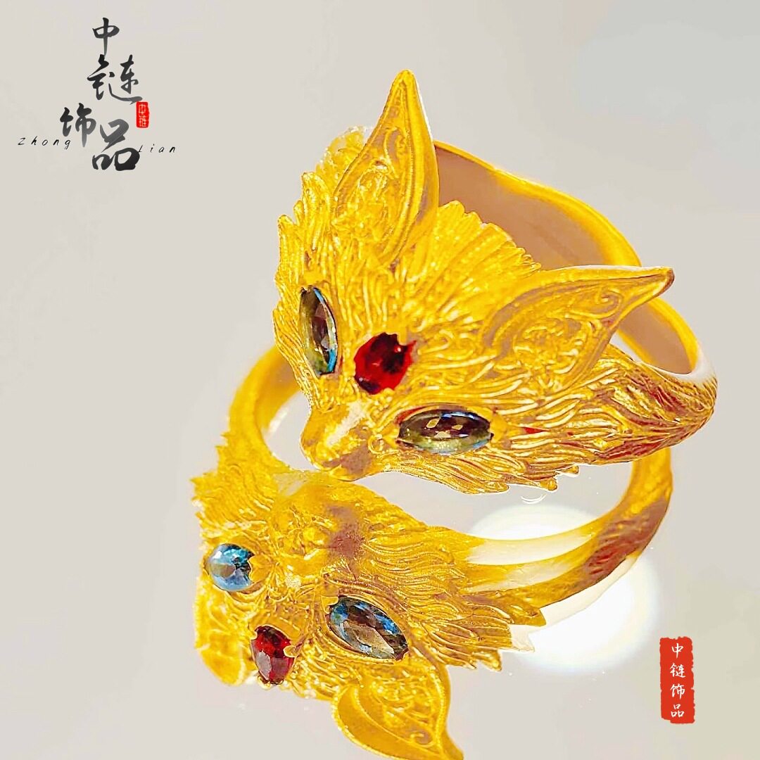 金店同款古法沙金镶钻妲己狐狸开口戒指 新中式百搭灵狐戒指批发