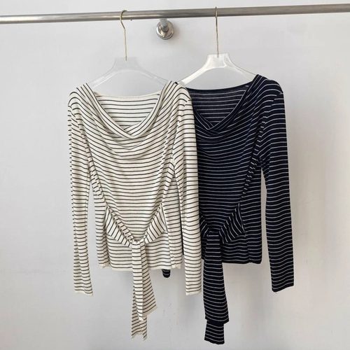 【早秋女孩穿搭】2025新款韩版慵懒风舒适荡领飘带收腰显瘦针织衫