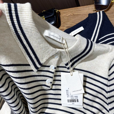 十三行IMISS家品质高货！2025春夏新款撞色翻领显瘦条纹针织衫女