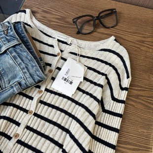 十三行IMISS家品质!秋季新款韩系撞色条纹显瘦休闲针织开衫女