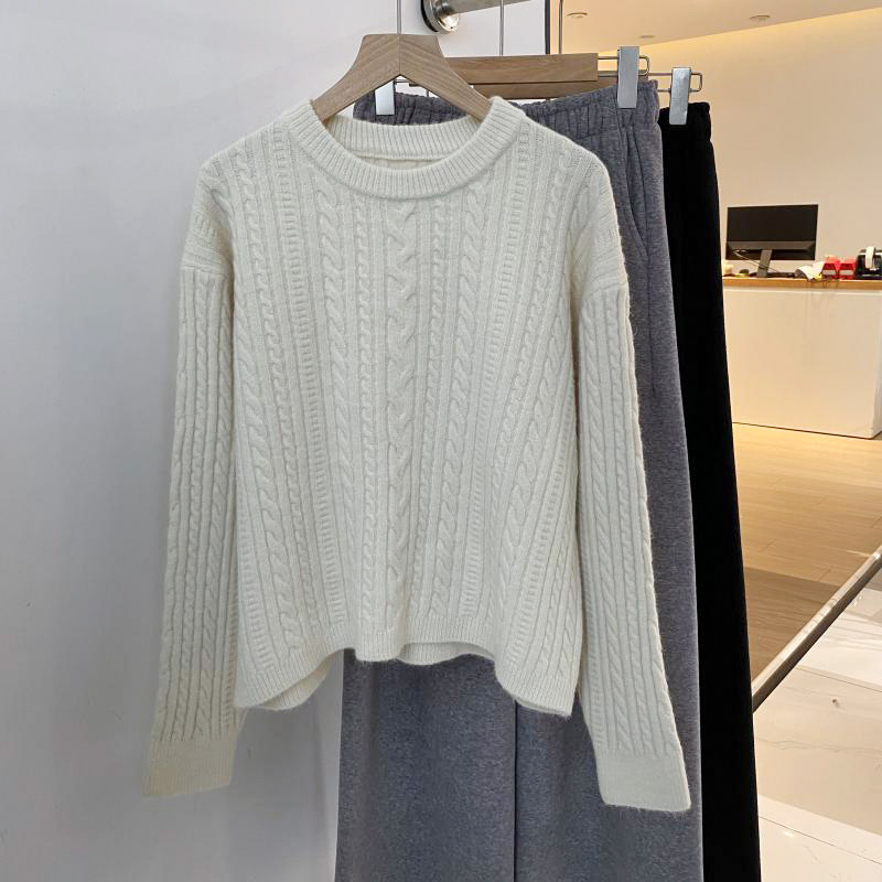 韩系麻花设计！2025秋冬新款简约百搭休闲复古内搭圆领针织衫女