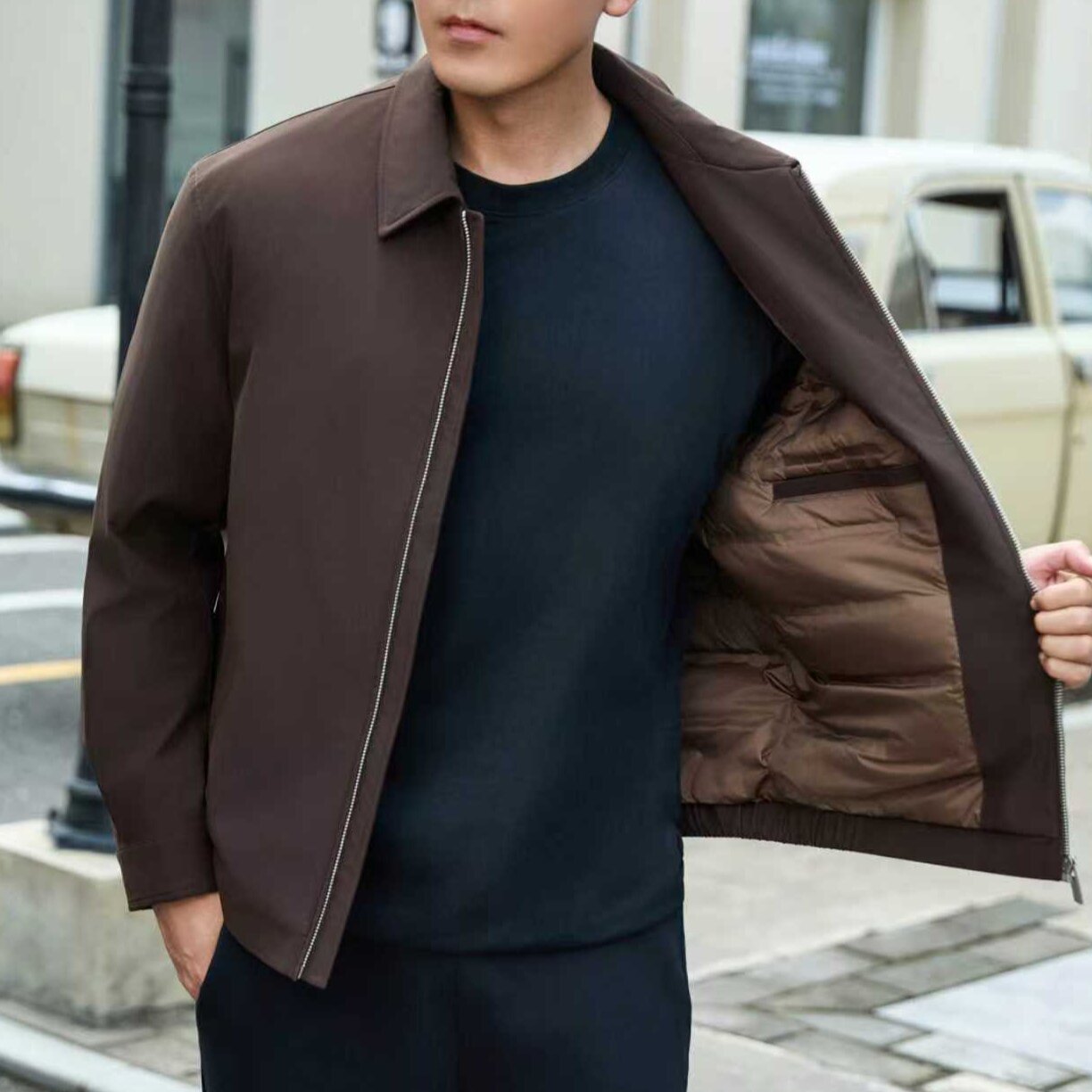 轻奢简欧高端男羽绒服翻领夹克时尚休闲中青年装外套秋冬新款上衣