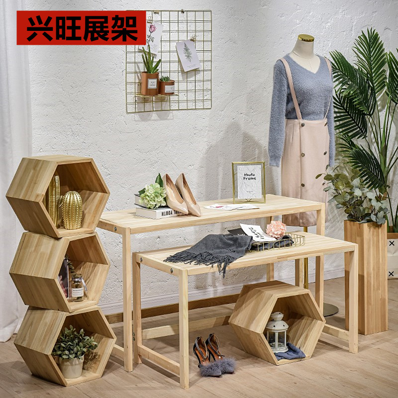 服装店橱窗展示桌童装店铺高低流水台木质中岛展示台中间货架简约