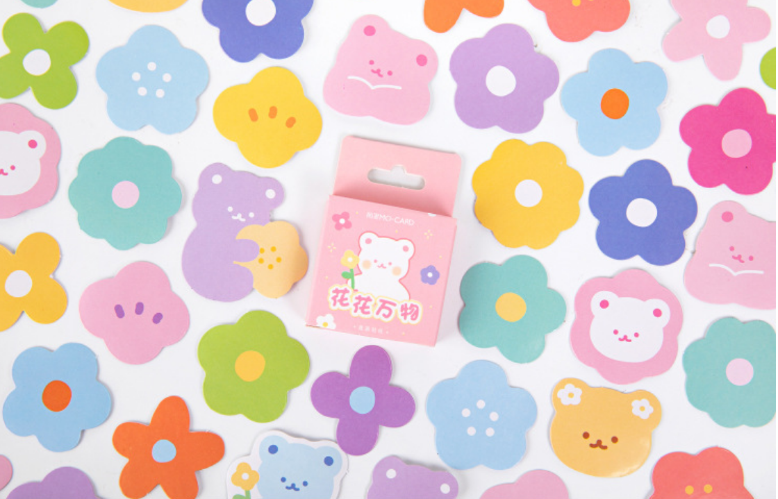 ins风可爱彩色花花不干胶贴纸盒装手账手机套贴画手工封口贴 46枚