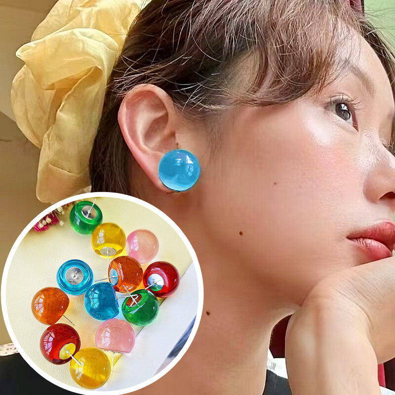 S925银针韩版甜美糖果色果冻透明彩色多巴胺大半圆珠圆球耳钉耳饰