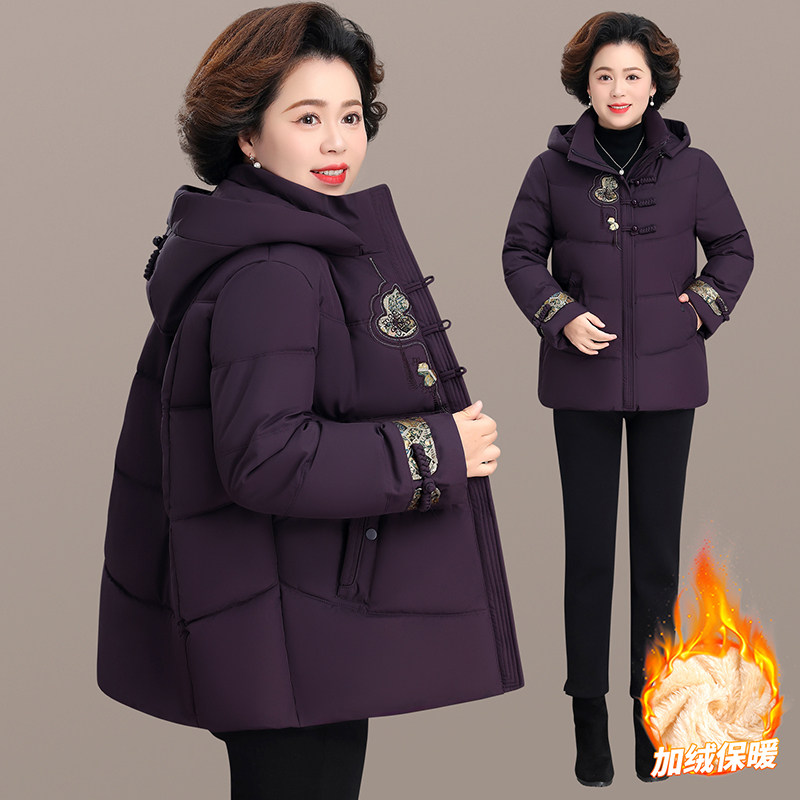 妈妈冬装加绒加厚刺绣棉服外套