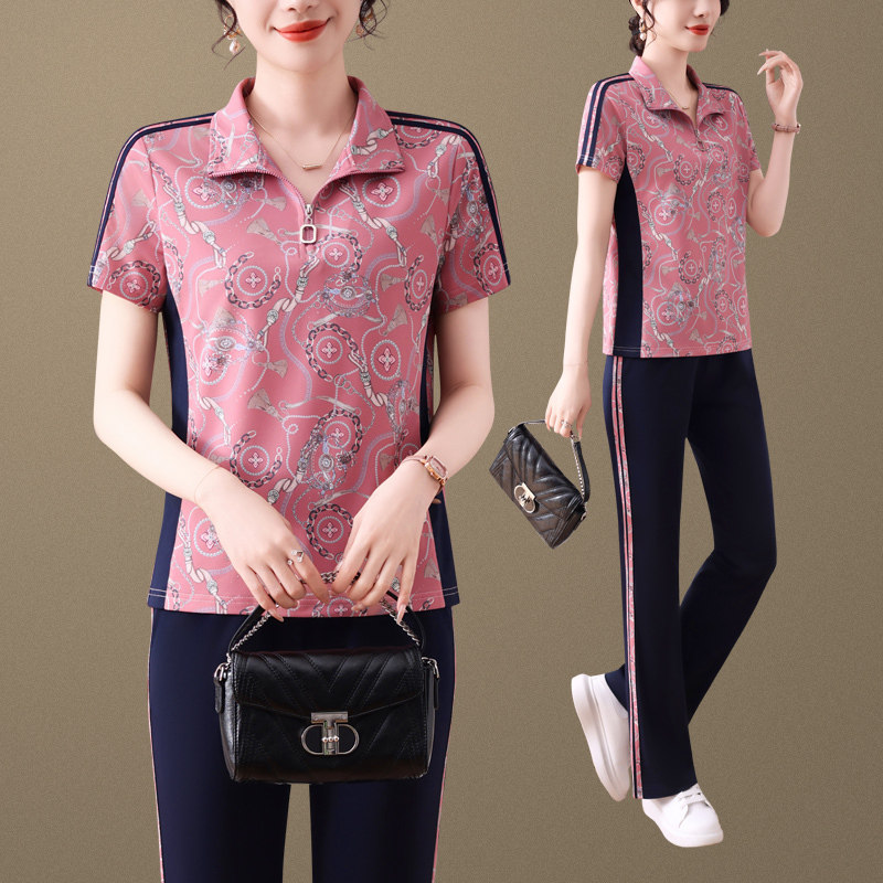 花色运动服套装女2026夏季新款时尚洋气妈妈装显瘦休闲短袖两件套