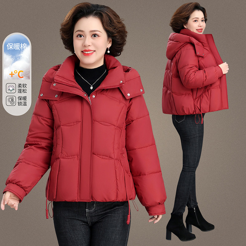 中老年妈妈红色连帽加厚棉服