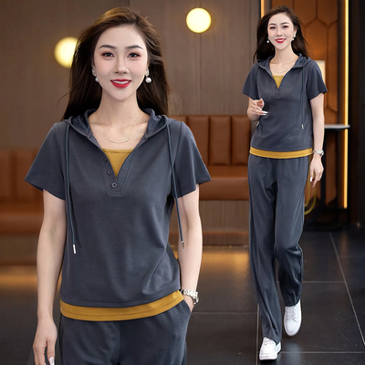 2025夏季假两件拼接连帽跑步服时尚短袖长裤套装女运动休闲两件套