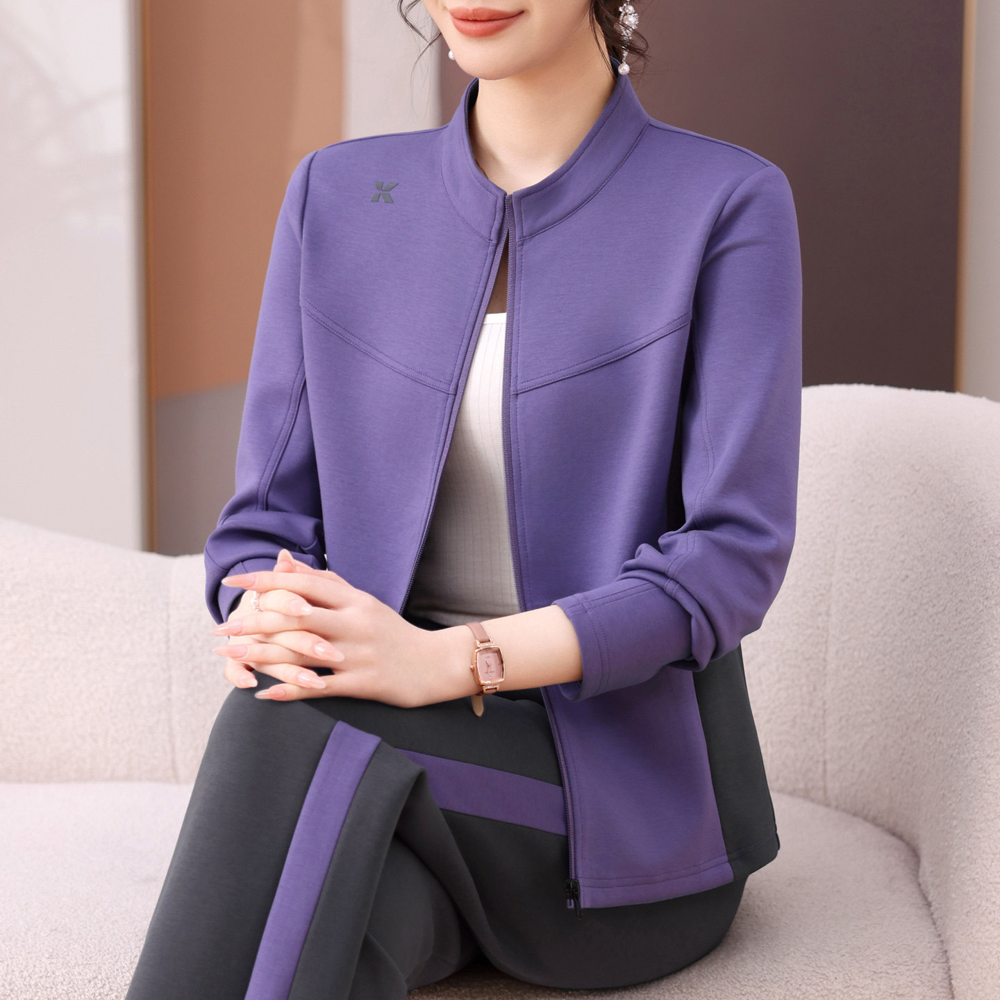 春秋女立领长袖开衫运动两件套