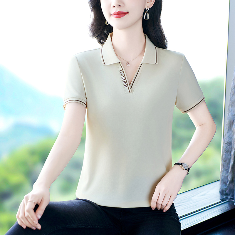 冰丝polo衫女短袖t恤2025年新款大码夏装简约时尚v领上衣宽松体恤