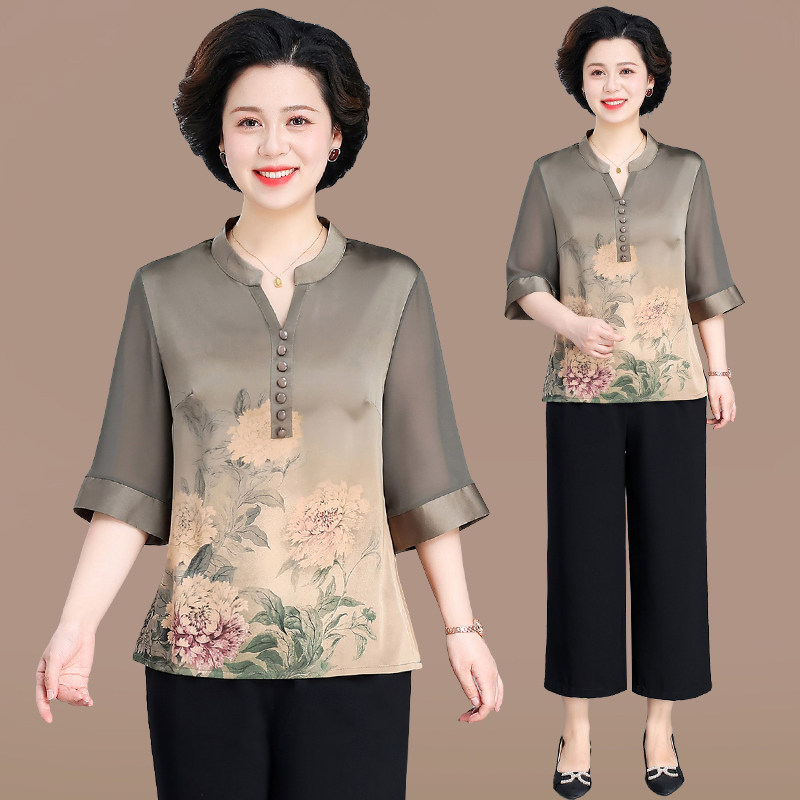新中式妈妈夏装短袖t恤套装洋气质中老年女装夏季奶奶装雪纺衬衫