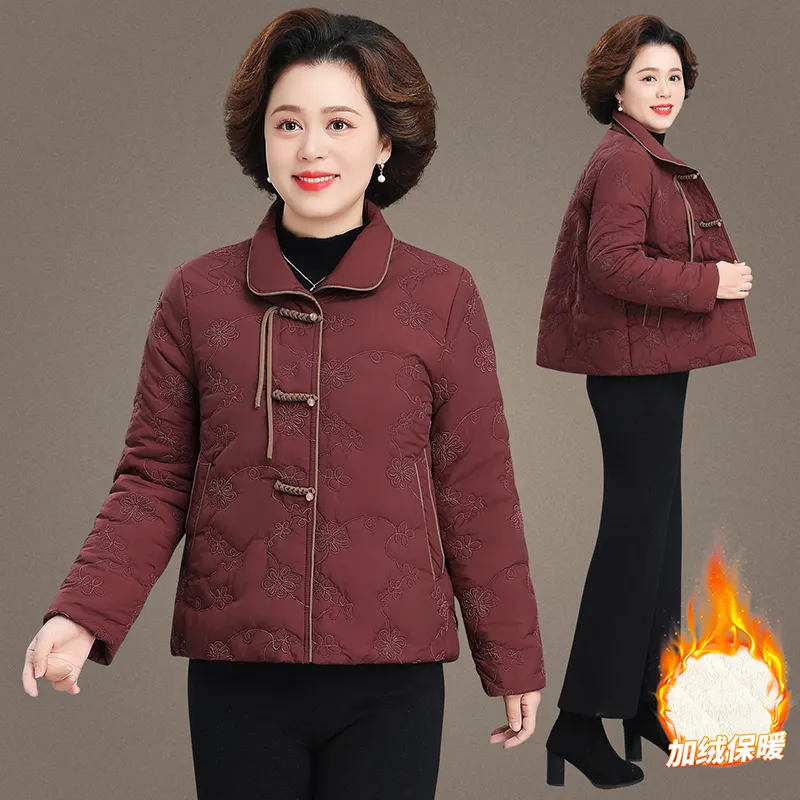 妈妈装短款加绒加厚刺绣棉服
