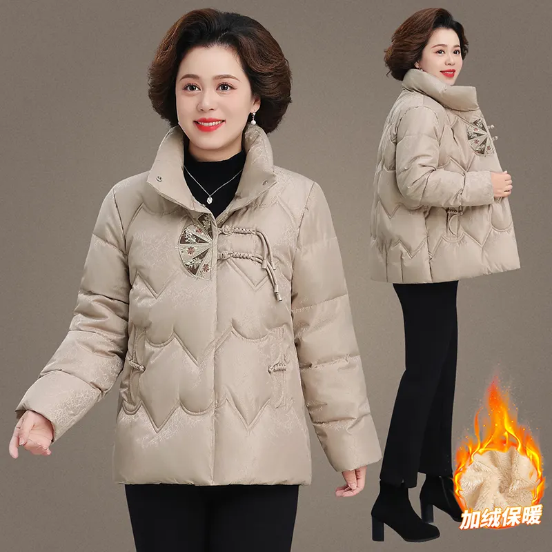中老年女加绒加厚立领刺绣棉服