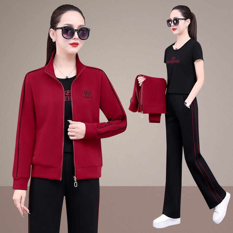 运动装套装女春秋2026新款宽松时尚洋气妈妈户外跑步休闲服三件套