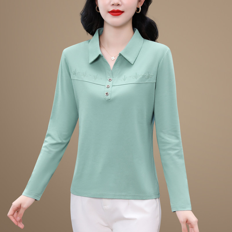 翻领长袖女t恤2026新款春秋季时尚洋气修身中年妈妈体恤休闲上衣