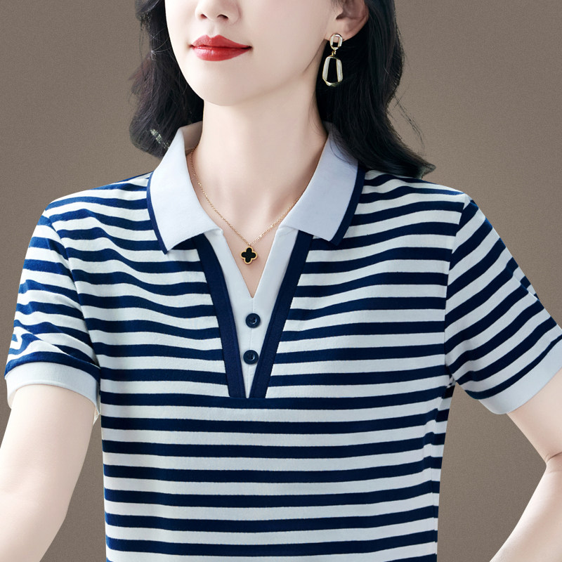 时尚纯棉短袖T恤女夏季2026新款休闲百搭POLO衫条纹薄款半袖上衣
