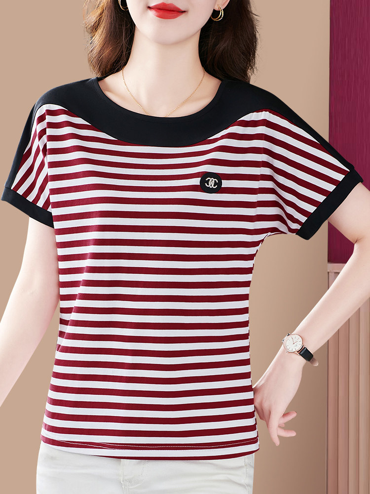 纯棉短袖t恤女夏季洋气休闲上衣中年妈妈2026新款宽松条纹体恤衫
