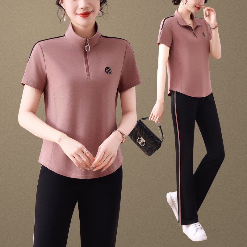 品牌妈妈夏装套装休闲运动服2026新款中老年女装夏季短袖T恤上衣