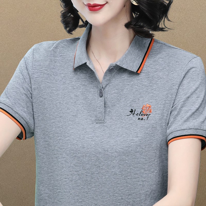 夏季纯棉短袖翻领t恤女2025新款绣花百搭大码中年妈妈polo衫上衣