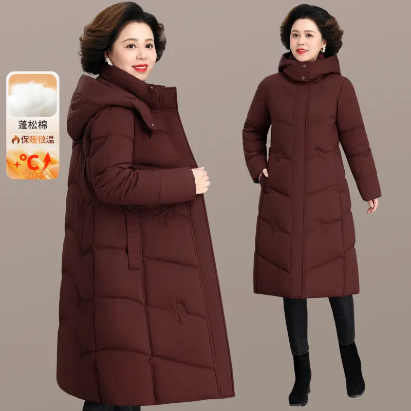 妈妈装加厚连帽过膝保暖棉服