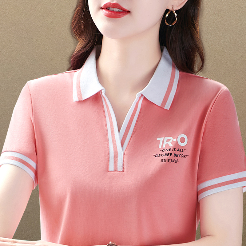 翻领短袖t恤女士夏季2025新款纯棉polo衫妈妈装显瘦上衣减龄体恤
