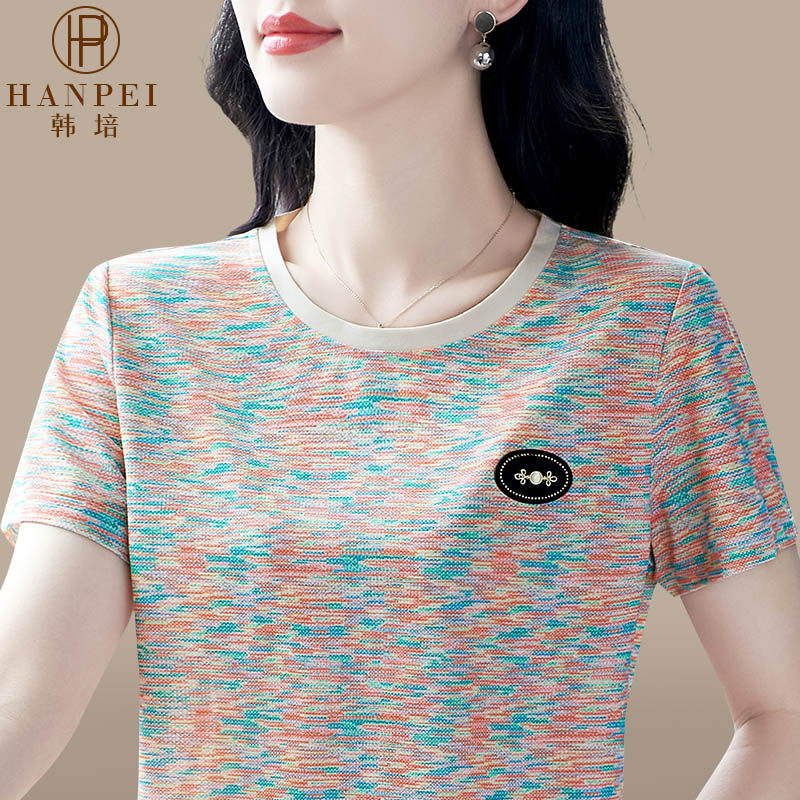 圆领短袖t恤女夏季2026新款洋气妈妈夏装宽松T速干上衣冰丝体恤衫