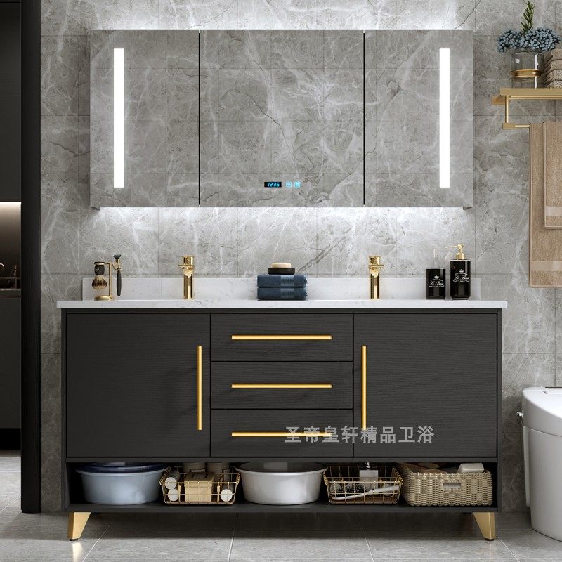 轻奢风美式橡木洗手盆落地卫浴柜