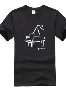 钢琴键图案音乐印花 piano音符吉他乐器周边男女纯棉圆领短袖T恤