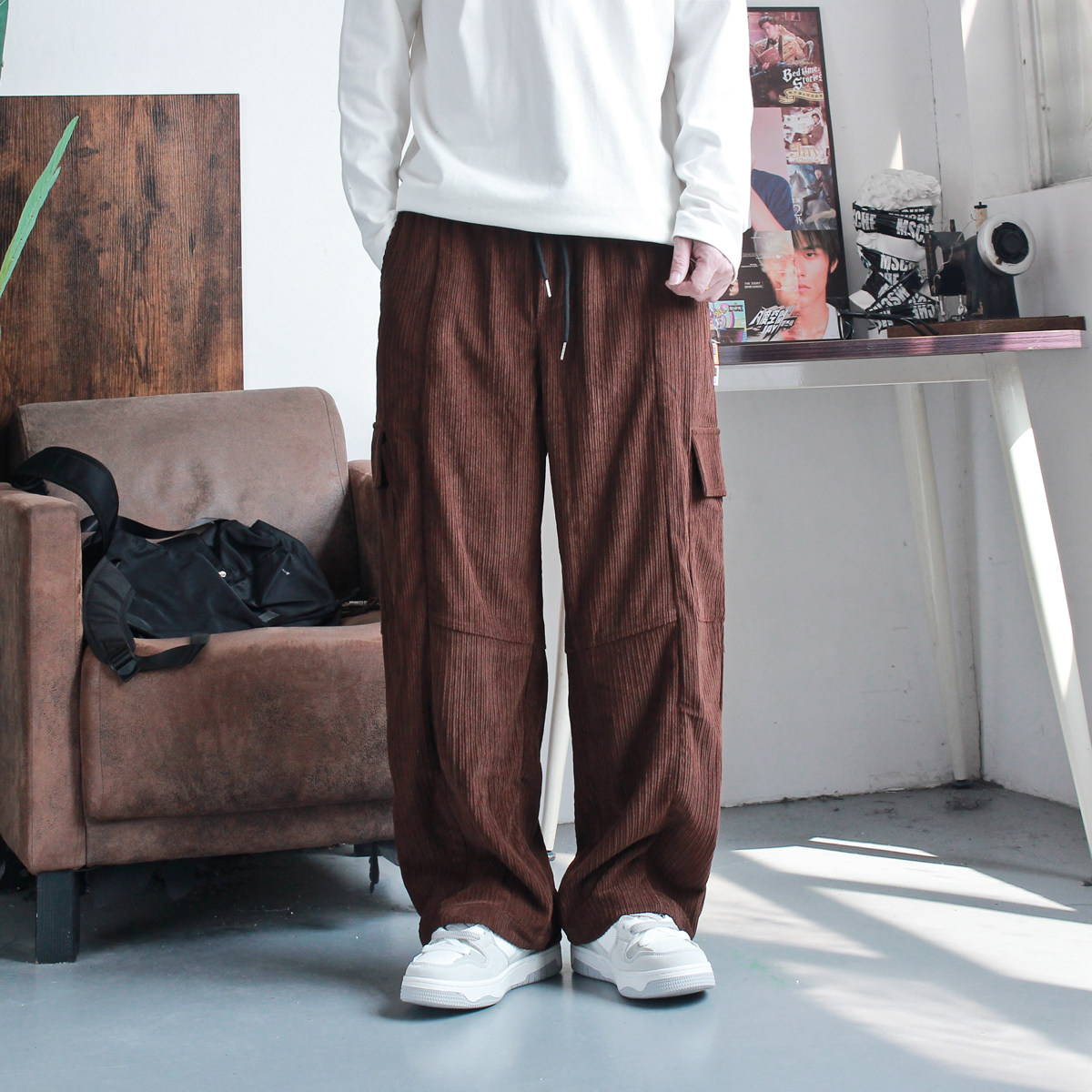 日系潮流宽松直筒灯芯绒休闲裤男cityboy抽绳工装裤多口袋阔腿裤,男装,休闲裤,淘宝优惠券,粉丝福利购,淘宝优惠卷