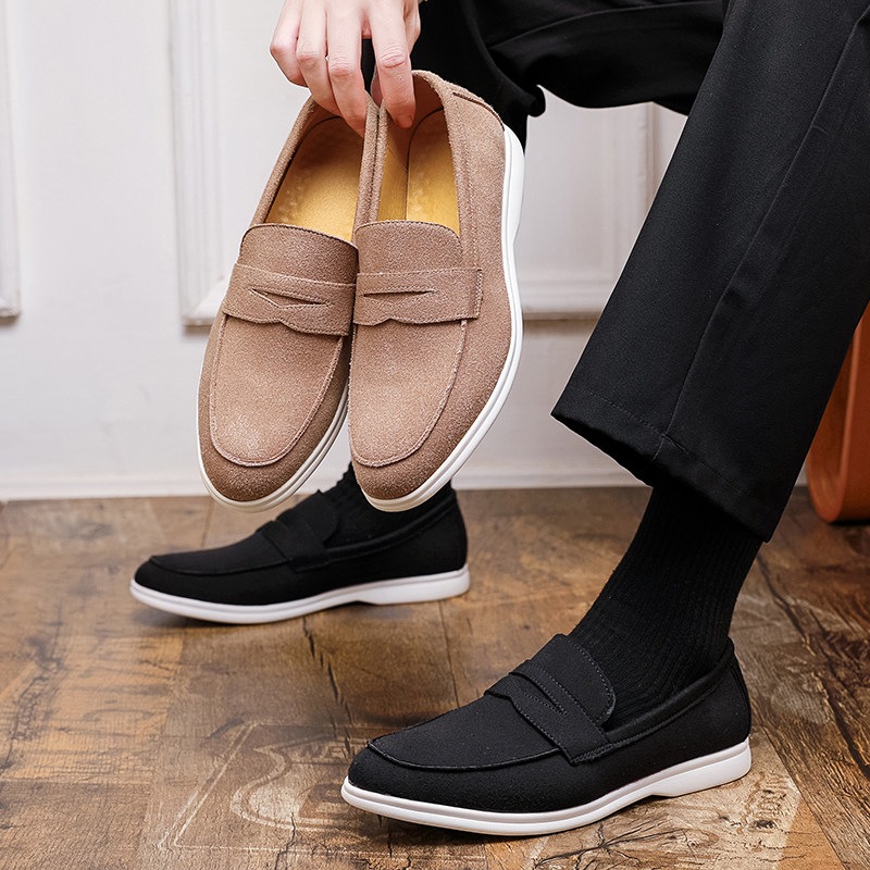 一脚蹬绒面套脚平底乐福鞋轻便低帮男豆豆鞋休闲厚底增高大码男鞋