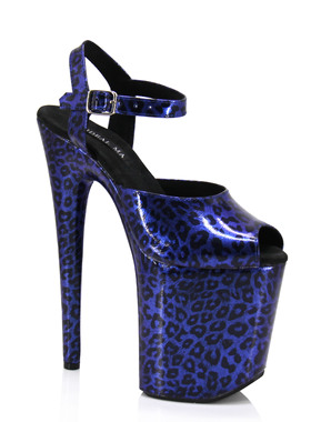 IDEAL MA 18/20厘米钢管舞超高跟凉鞋豹纹蓝色漆皮细跟模特走秀