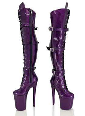 IDEAL MA 20厘米钢管舞过膝靴比赛表演模特走秀长筒靴闪亮紫色