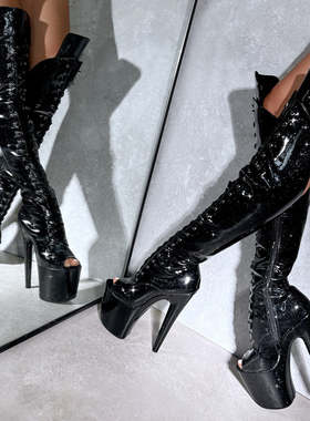 18cm20厘米钢管舞高跟鞋过膝靴舞台表演模特走秀珠光黑色长筒靴子